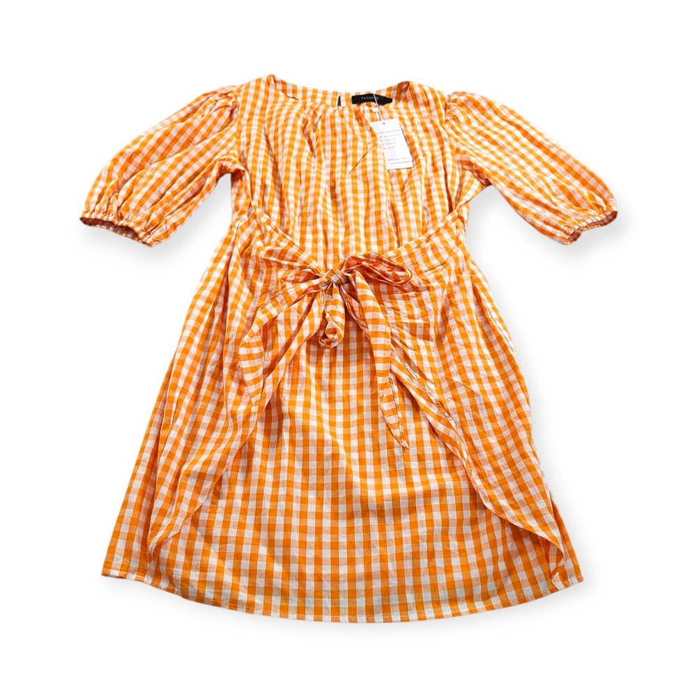 Womens L Gingham Cottagecore Picnic Summer Orange White Plaid Tie Dress